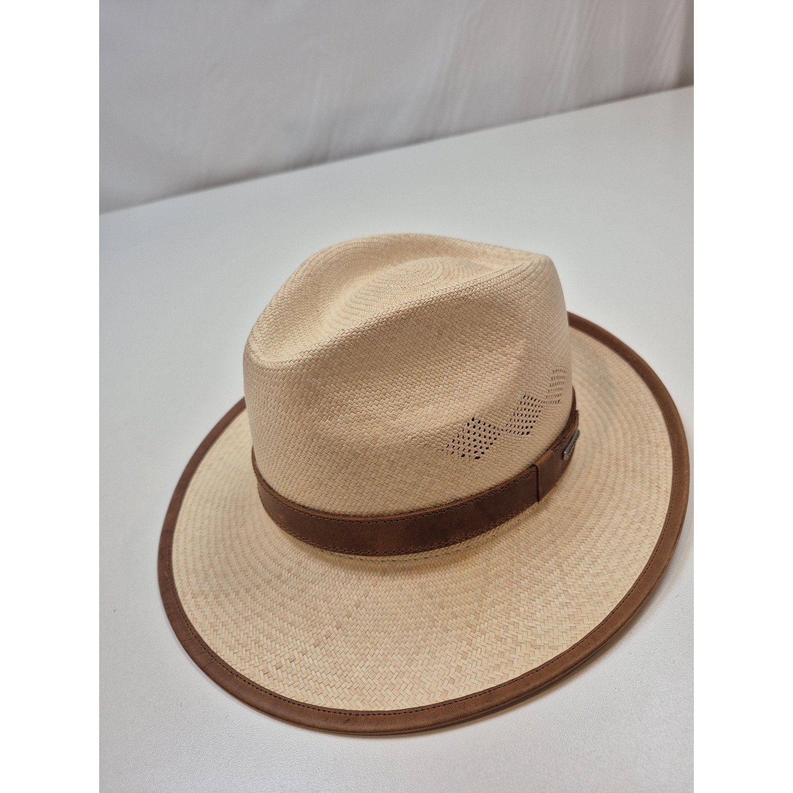 Stetson Hat Panama Mens One Size Beige Straw Leather Trim Lined Wide Brim